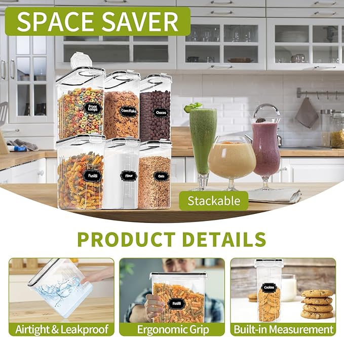 Skroam 4PCS Cereal Containers Storage [4L/135.2 oz], Airtight Food Storage Containers with Pour Spout for Kitchen & Pantry Organization Storage, Plastic Cereal Dispensers, Measuring Cup & 20 Labels