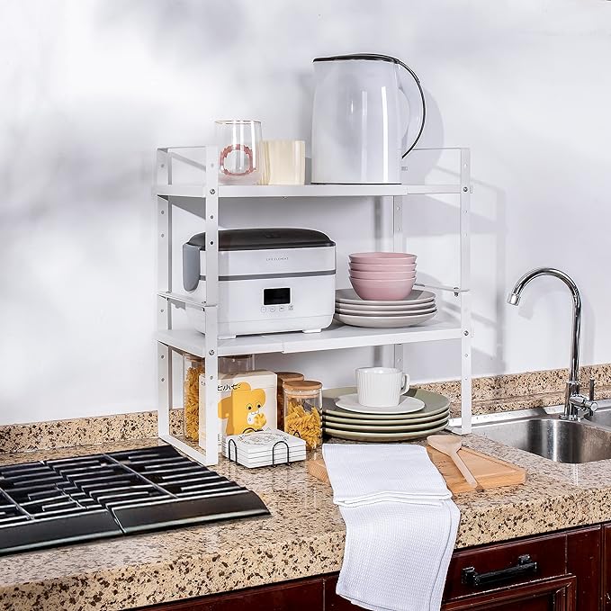 Expandable Cabinet Shelf Organizer Rack, Stackable Kitchen Counter Storage Shelves Stand, Adjustable Height Pantry Shelf Spice Rack (White, 2 Pack)-NeatNest