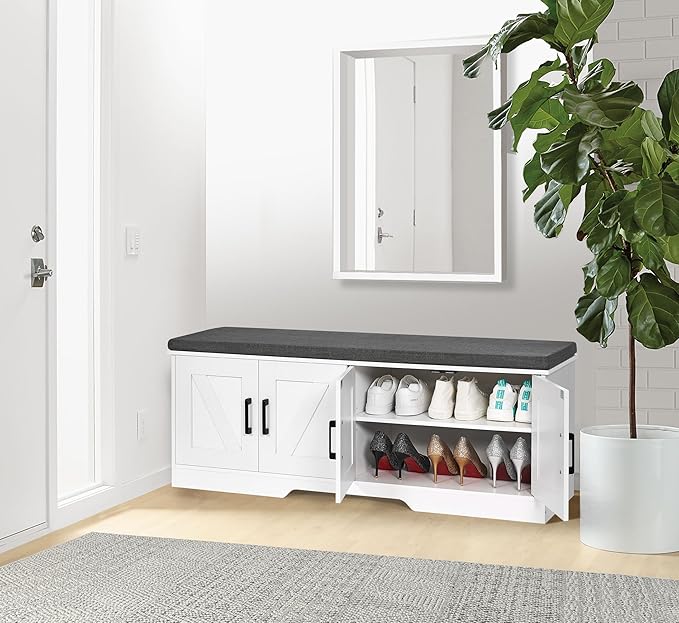 2-Tier Storage Bench, Shoe Bench with Padded Seat Cushion, Entryway Bench with 4 Barn Doors, Adjustable Shelf, 13.8" D x 47.2" W x 17.7" H, for Entryway, Living Room, Bedroom, White-NeatNest