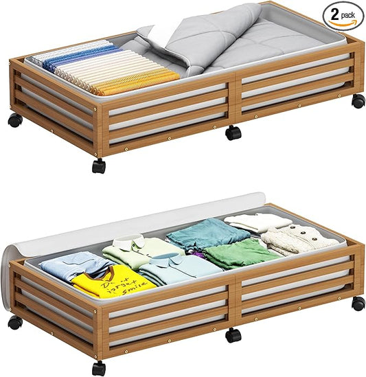 Bamboo Under Bed Storage Containers- Underbed Organizer with Wheels with Large Dust Bag,Sturdy Wood Rolling Under the Bed Shoe Storage Organizer Drawer 2 Packs (Walnut, Long)-NeatNest