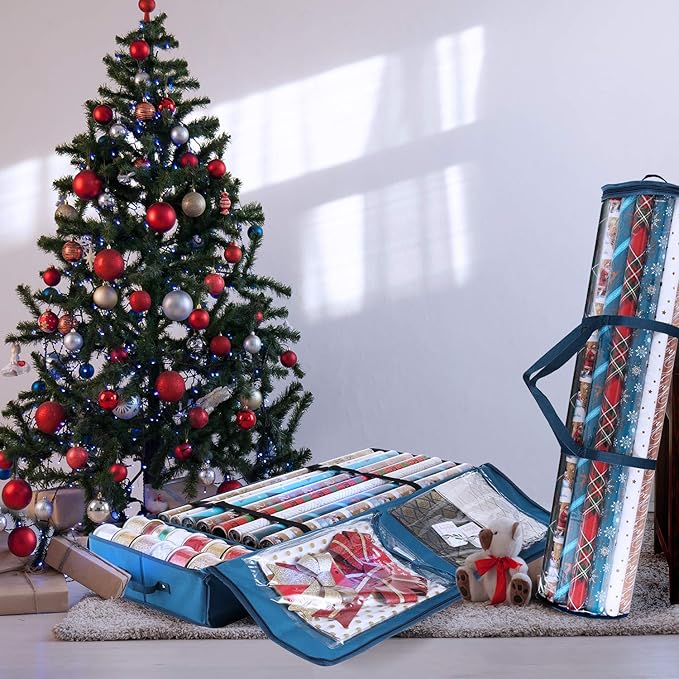 Hearth & Harbor Wrapping Paper Storage Container and Clear Wrap Paper Holder - Christmas Storage Bag with Interior Pockets - Fits Up to 36 Rolls of 40" - Tear Proof, Blue-NeatNest