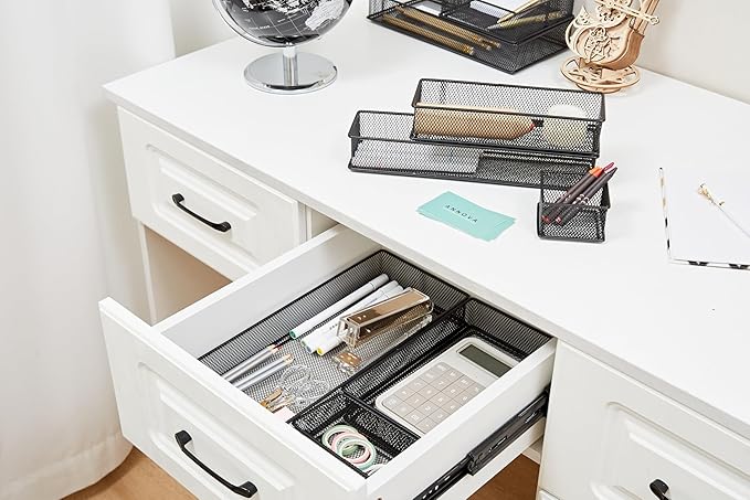 Annova Mesh Stackable Drawer Cabinet and Shelf Organizer Bins Storage Basket School Office Supply Holder Tray- Set of 2 (Black, 6x15x2 Inch)-NeatNest