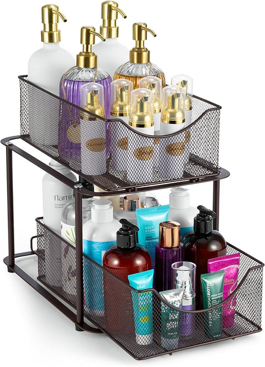 Sorbus 2 Tier Metal Under Sink Organizer for Bathroom, Kitchen, Strong Steel Mesh Sliding Drawers for Under Sink, Under Cabinet, Closet, Kitchen, Pantry, Bathroom Organizers and Storage (Brown)-NeatNest