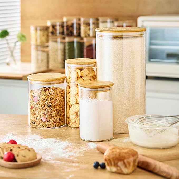 17oz - 4 Pack Glass Jars with Bamboo Lids, Glass Food Storage Containers with Airtight Lids, Air Tight Pantry Storage Containers for Coffee, Sugar, Spice, Meal Prep Jars for Salad & Fruit-NeatNest