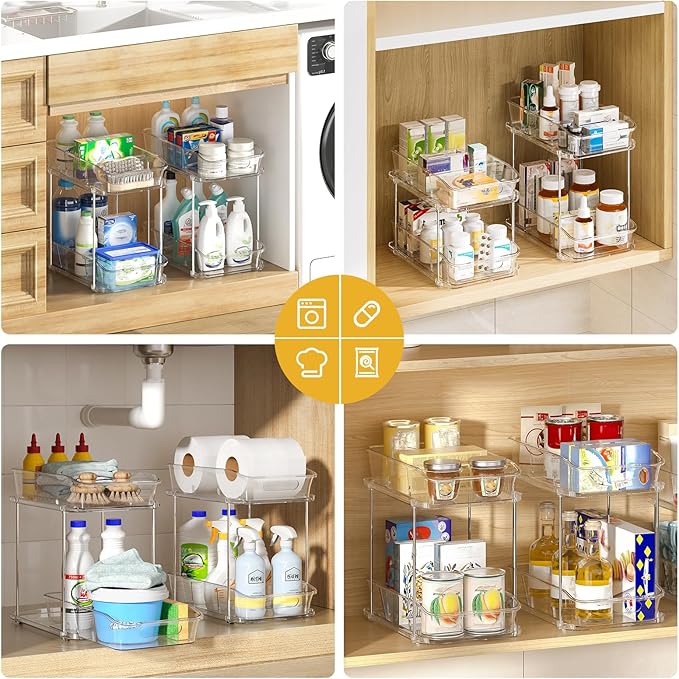 Delamu 3 Pack Bathroom Organizers and Storage, 2 Tier Clear Under Sink Organizer, Pull Out Medicine Cabinet Organizer-NeatNest