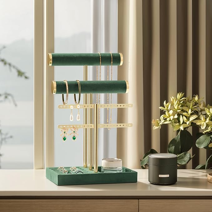 3 Tier Bracelet Holder Display - Detachable T Bar Dark Green Velvet Bracelet Holder, Jewelry Holder Organizer for Bracelet, Necklace, Earrings, Rings