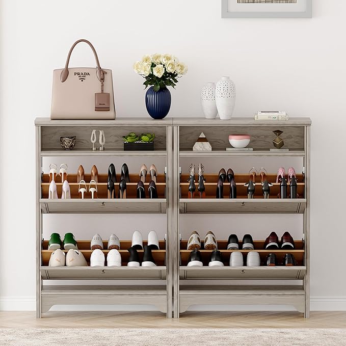 Chogori Solid Wood Shoe Storage Cabinet for Entryway - Narrow Freestanding Shoe Organizer with 2 Flip-Up Drawers, Hallway Shoe Rack with Sturdy Wooden Legs for Foyer, Living Room (2, Charcoal Gray)