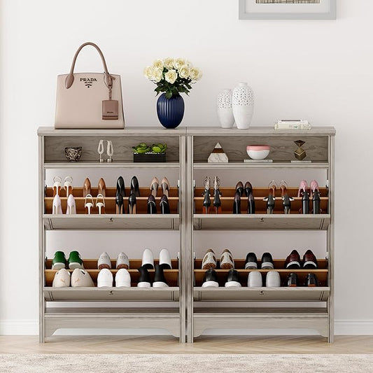 Chogori Solid Wood Shoe Storage Cabinet for Entryway - Narrow Freestanding Shoe Organizer with 2 Flip-Up Drawers, Hallway Shoe Rack with Sturdy Wooden Legs for Foyer, Living Room (2, Charcoal Gray)