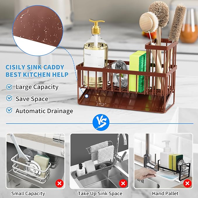 Cisily Kitchen Sink Caddy, Sponge Holder for Kitchen Sink, Kitchen Sink Organzier and Storage with High Brush Holder, Rustproof 304 Stainless Kitchen Gadgets Sink Accessories(Brown)-NeatNest