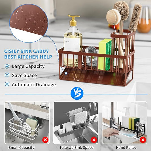 Cisily Kitchen Sink Caddy, Sponge Holder for Kitchen Sink, Kitchen Sink Organzier and Storage with High Brush Holder, Rustproof 304 Stainless Kitchen Gadgets Sink Accessories(Brown)-NeatNest