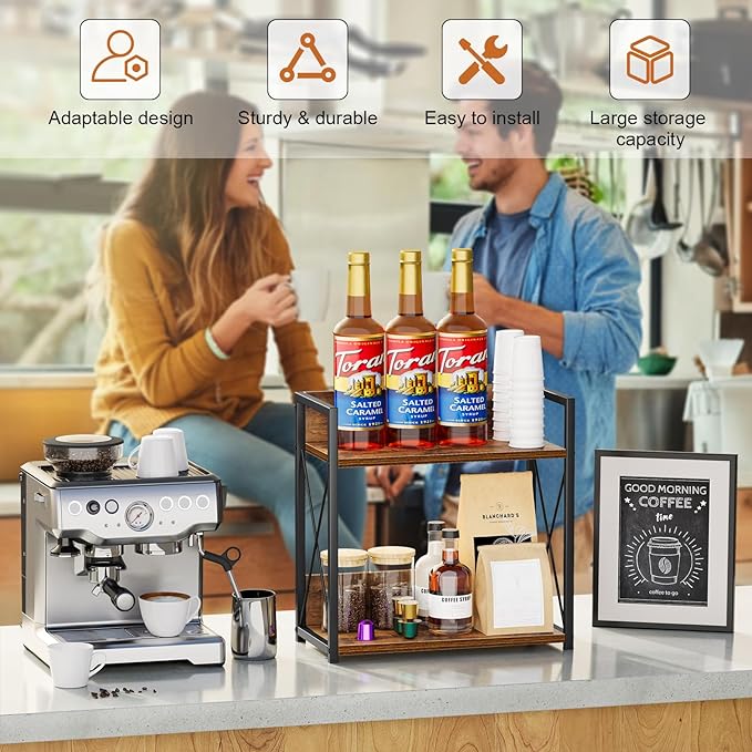Giikin Kitchen Counter Shelf, Kitchen Countertop Organizer, 2 Tier Spice Rack for Counter, Wood Coffee Bar Organizer for Coffee Station (Brown, L)-NeatNest
