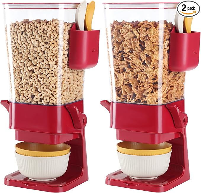 Cereal Dispenser Countertop Red 2 Pack with Creal Bowls Spoons Cutlery Box, Cereal Containers Storage - Not Easy to Crush Food, Dry Food Dispenser For Pantry Candy Snack-NeatNest