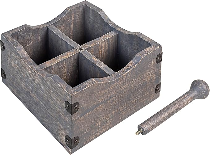 GoCraft Square Wooden Flatware & Silverware Caddy - 4 Divided Compartments, Grey Washed Mango Wood Utensil Holder with Detachable Handle Rod, Stylish Kitchen Storage Organizer for Home & Dining