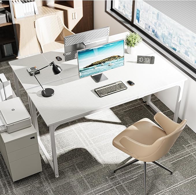 Huuger Computer Desk, 63 Inch Office Desk, Gaming Desk with Storage, Writing Desk Work Desk for Home Office, Study, Modern Simple Desk, Large Legroom, Metal Frame, White-NeatNest