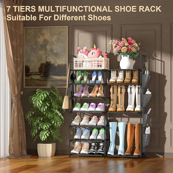 Kottwca 7 Tiers Shoe Rack Metal Shoe Organizer for Entryway Closet, 24-28 Pairs Stackable Shoe and Boots Shelf Storage Cabinet with Hooks and Side Hanging Pockets for Bedroom, Garage, Black-NeatNest