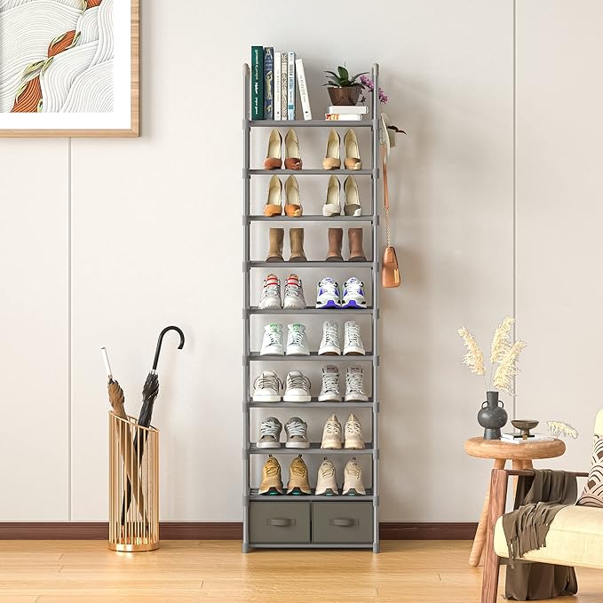 Shoe Rack, Sturdy Metal Shoes Rack Organizer,Narrow Shoe Rack,Shoe Racks for Closets,Shoes Rack,Shoe Stand,Shoe Shelf (10 Tier with 2 Boxes and 1 Hook)-NeatNest