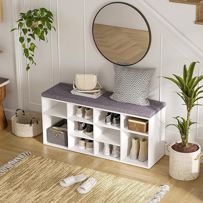 DINZI LVJ Shoe Storage Bench with Cushion, Cubby Shoe Rack with 12 Cubbies, Adjustable Shelves, Multifunctional Shoe Organizer Bench for Entryway, Mudroom, Hallway, Closet and Garage, White-NeatNest