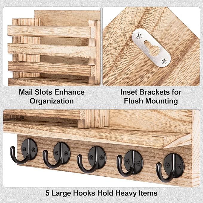 Key Holder for Wall – Decorative Wooden Mail Holder and Key Shelf with Mounting Hardware, Installation Guide – Paulownia Wood with 5 Metal Key Hooks (11.8” x 6.7” x 2.8”)