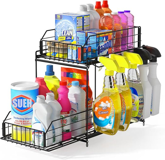 SUEH DESIGN Under Sink Organizer, 2 Tier Bathroom Cabinet Organizer Metal Kitchen Sink Organzier with Hanging Rail for Kitchen Bathroom Organization and Storage, 1 Pack-NeatNest