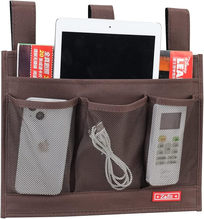 Hanging Bedside Caddy, Bedside Storage Organizer for Magazine, Phone, Remote control (Classic4 Pockets-Coffee)-NeatNest