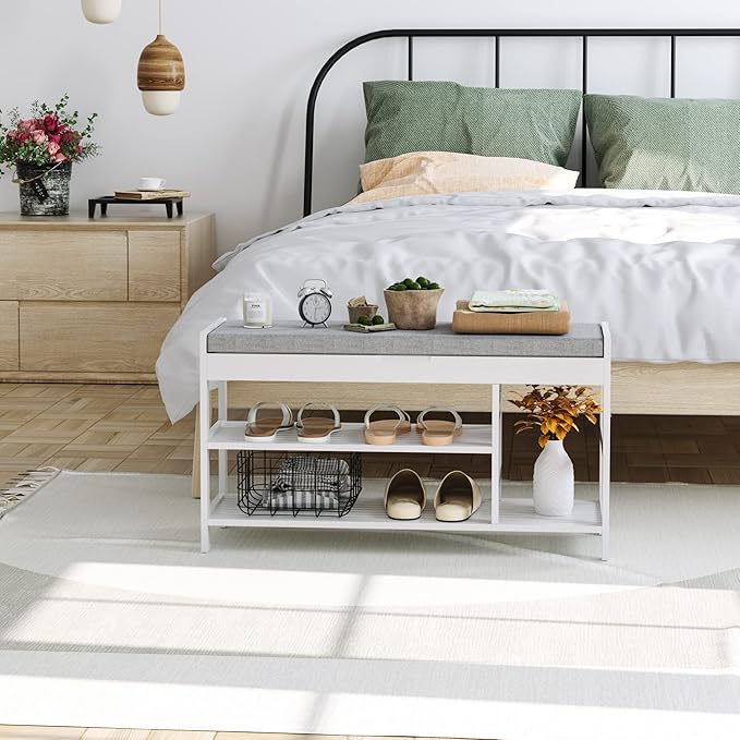 HIFIT Bamboo Shoe Bench Rack with Storage, Entryway Storage Bench with Padded Seat, Shoe Oiganizer Shelf for Entryway Mudroom Bathroom, White