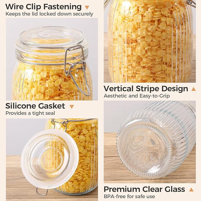 ComSaf Airtight Glass jar with lid 37oz Set of 3, Glass Storage Containers with Lids, Glass Canisters, Striped Clip Fastening Jar for Kitchen Canning, Tea, Pasta, Sugar, Beans, Cookie, Jam, Oat-NeatNest