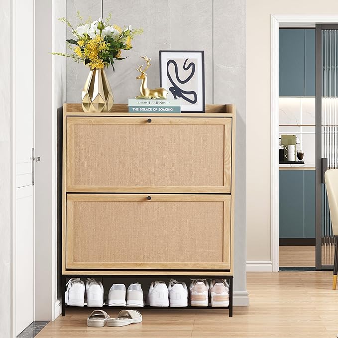 LEVNARY Shoe Cabinet Set of 2, Wooden Narrow Shoe Racks Cabinet Storage with 2 Flip Drawers, Hidden Freestanding Shoe Organizer for Hallway, Entryway, Home (2, Natural Oak)-NeatNest