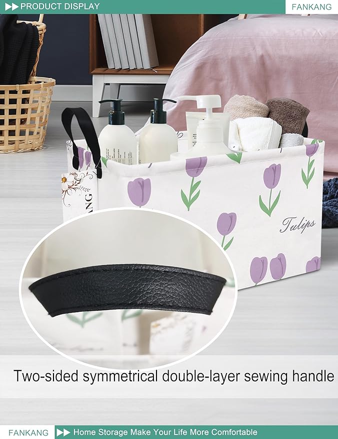FANKANG Storage Bins, Nursery Hamper Canvas Laundry Basket Foldable with Waterproof PE Coating Large Storage Baskets for Kids Boys and Girls, Office, Bedroom, Clothes,Toys(Rec-tulips