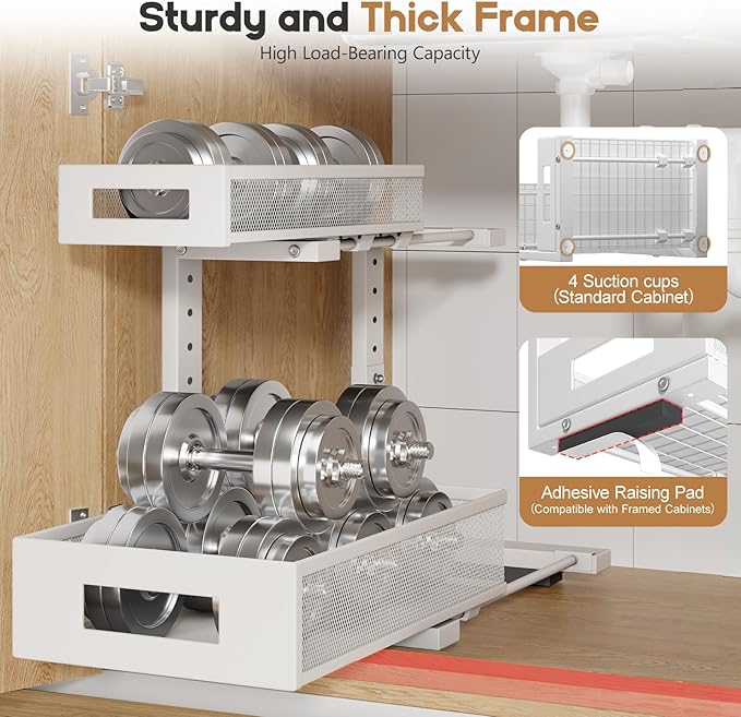 1 Pack-11.4"-16.14"H Under Sink Storage Organizer, Large 2-Tier Elegant Mesh Pull Out Shelf for Kitchen and Bathroom Cabinet Organization, L-Shaped and Adjustable Height Design for Maximum Space-White-NeatNest
