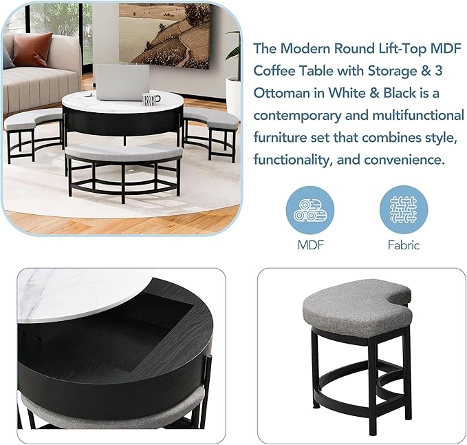 Modern Round Lift-Top Coffee Table with Storage & 3 Ottoman for Living Room White & Black