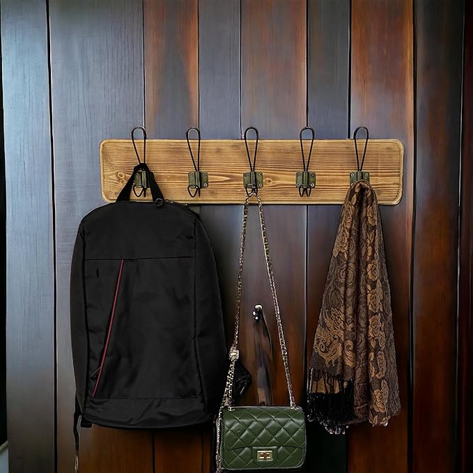 24” Wooden Wall-Mount Coat Rack, Burnt Pine Rustic Pine with 5 Storage Hooks, Farmhouse Design for Jackets, Hats, Scarves, Umbrellas, Bags, Keys, Leashes, Towel, Entryway, Bedroom, Bathroom
