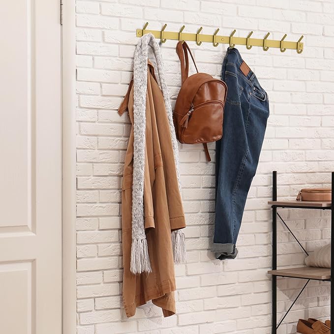 Brushed Gold Wall Mounted Coat Rack – 30 Inch Stainless Steel Rail with 10 Double Coat Hooks for Entryway, Bathroom, Bedroom, Kitchen – Modern Gold Hook Rack for Coats, Hats, Towels-NeatNest
