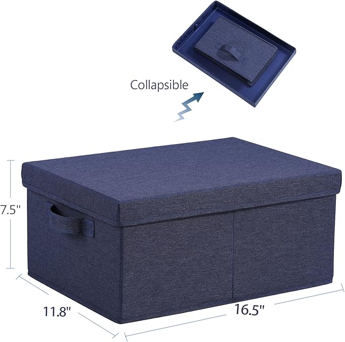 HOONEX Foldable Storage Bins with Lids, Pack of 2, Storage Boxes with 2 Carrying Handles and Heavy Cardboard, 16.5" L x 11.8" W x 7.5" H for Shoes, Clothes, Blue-NeatNest