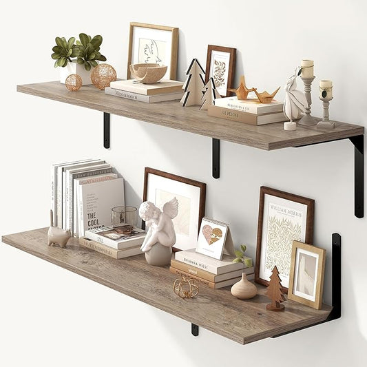 Fun Memories Floating Shelves for Wall, 12 Inch Deep Floating Shelves Set of 2, Wall Mounted Shelf with Metal Brackets, Rustic Wood Wide Shelf for Bathroom, Kitchen and Living Room, Grey, 48W x 12D-NeatNest