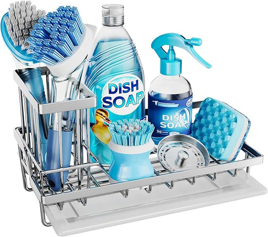 Consumest Sink Caddy, Kitchen Sponge Holder with Dish Brush Holder, Kitchen Sink Organizer with Drip Tray for Countertop Stainless Steel Rustproof, Silver-Large-NeatNest