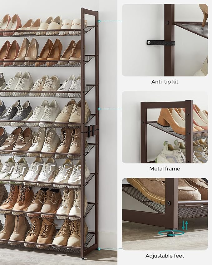 SONGMICS Shoe Rack, 8-Tier Shoe Organizer, Metal Rack for Garage, Set of 2, 4-Tier Stackable Shelf, with Adjustable Flat or Angled Shelves, 32-40 Pairs, Bronze ULMR08A-NeatNest