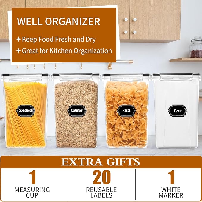 4 Pack Extra Large Airtight Food Storage Containers with Lids (6.5L / 220 oz), BPA Free Plastic Kitchen and Pantry Organization Contianers for Cereal Flour and Sugar Storage, Labels & Marker-NeatNest