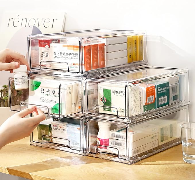 clear Drawer-Type Plastic Storage Box Bins Organizer，Family First Aid Kits Medicine cabinet Box Organizer,Closet ，Shelf，Ointments, Adhesive Bandages，Cosmetics,Office Items (clear, 4L)-NeatNest