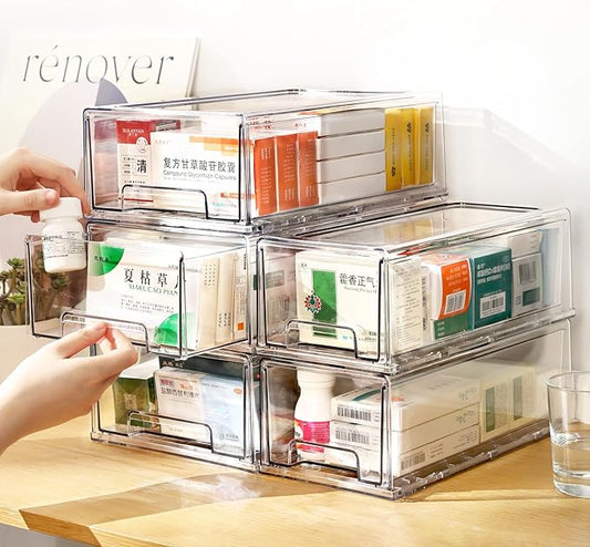 clear Drawer-Type Plastic Storage Box Bins Organizer，Family First Aid Kits Medicine cabinet Box Organizer,Closet ，Shelf，Ointments, Adhesive Bandages，Cosmetics,Office Items (clear, 4L)-NeatNest