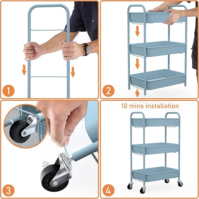 CAXXA 3-Tier Rolling Metal Storage Organizer - Mobile Utility Cart with Caster Wheels, Blue-NeatNest