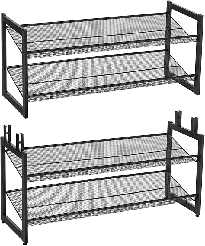 SONGMICS Shoe Rack, 2-Tier Shoe Organizer, Metal Shoe Storage for Garage, Stackable Shoe Shelf, with Adjustable Flat or Angled Shelves, 8-10 Pairs, Ink Black ULMR002B01-NeatNest