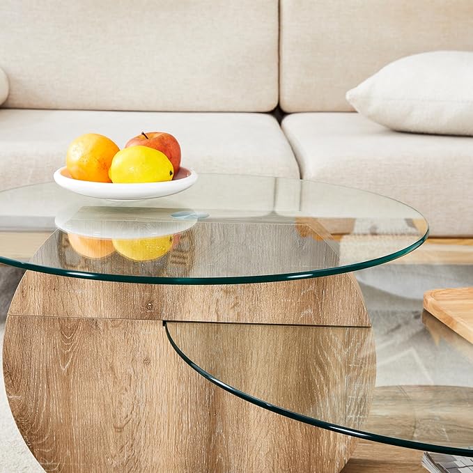 Glass Coffee Tables Round Coffee Tables for Living Room Modern 3 Tier Round Table Circle Coffee Table for Small Space Home Office (42 Inch Light Wood)