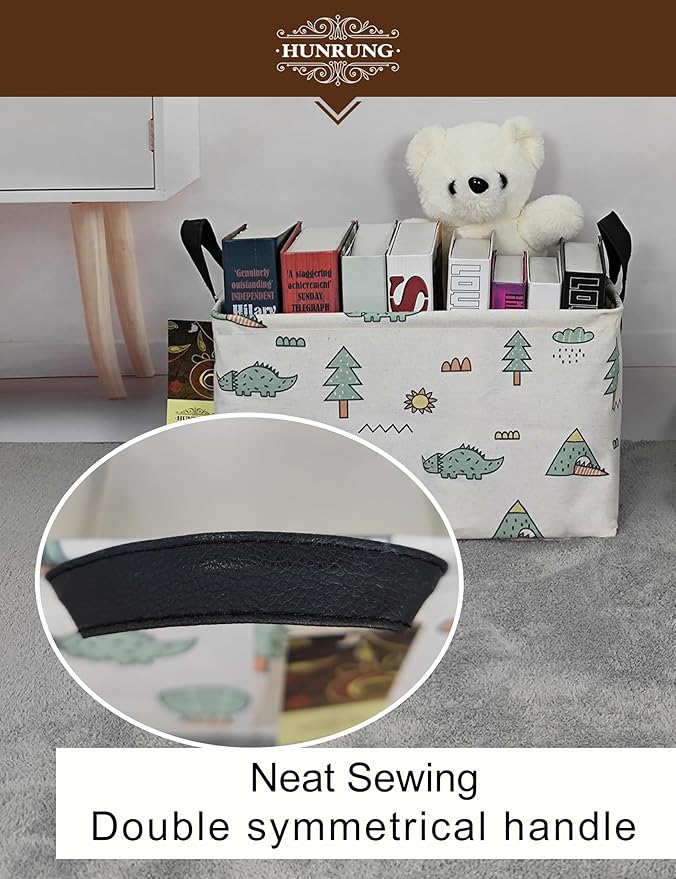 HUNRUNG Rectangle Storage Basket Cute Canvas Organizer Bin for Pet/Children Toys, Books, Clothes Perfect for Rooms/Playroom(REC-Green-Pine Dinosaur)