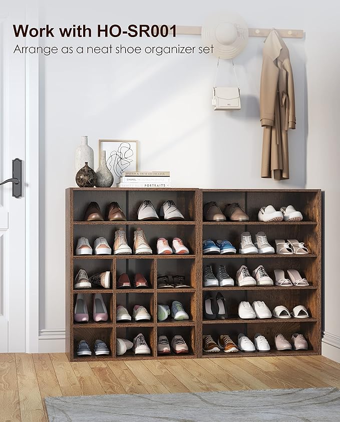 HAIOOU Shoe Cubby, 9-Cube Stackable Wood Shoe Rack Organizer 5-Tier Freestanding Wooden Shoe Stand with 2 Storage Shelf for 10-15 Pairs, Ideal for Apartment Entryway Closet Organization - Rustic-NeatNest