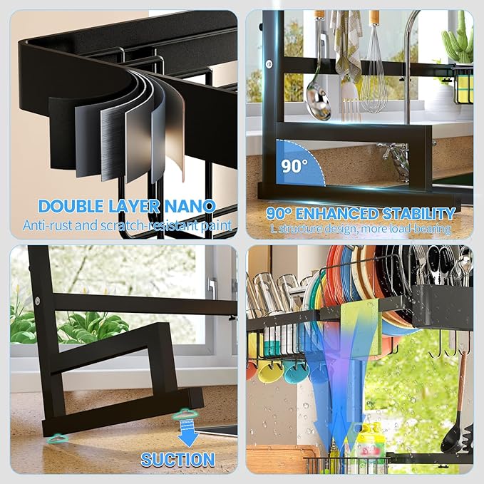 ADBIU 【Fit Sink 24"- 35.6" L】 2024 Over The Sink Drying Rack (Expandable Dimension) Snap-On Design 2 Tier Large Dish Rack Kitchen Count Organization and Storage