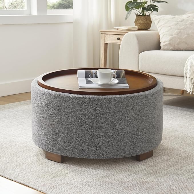 30 Inch Round Storage Ottoman Coffee Table, Modern Boucle Ottoman with Lift-Off Lid and Solid Wood Legs for Living Room, Bedroom, Corners, Apartments (Light Grey)