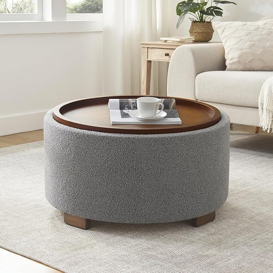 30 Inch Round Storage Ottoman Coffee Table, Modern Boucle Ottoman with Lift-Off Lid and Solid Wood Legs for Living Room, Bedroom, Corners, Apartments (Light Grey)