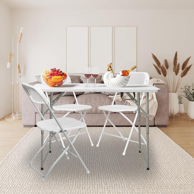 Generic 4ft Portable Folding Table, Plastic Table w/ 4 Adjustable Heights, Indoor Outdoor Heavy Duty Fold-in-Half Utility Table w/Carry Handle 300LBS, White-NeatNest