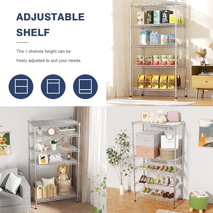 5-Tier Heavy Duty Wire Shelving Unit,35"Wx18"Dx71"H,5-Shelf Racks On Lockable Wheels,Height Adjustable Metal Shelves,Shelving Unit and Storage For Bathroom,Kitchen,Garage,Office,Studio,Chrome-NeatNest