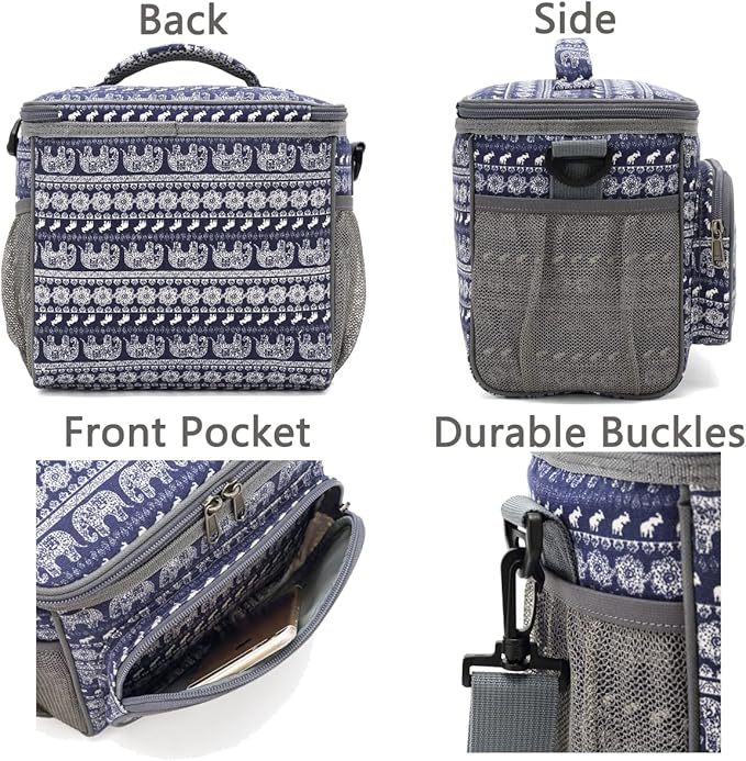 FlowFly Insulated Reusable Lunch Bag Adult Large Lunch Box for Women and Men with Adjustable Shoulder Strap,Front Zipper Pocket and Dual Large Mesh Side Pockets,Elephant-NeatNest